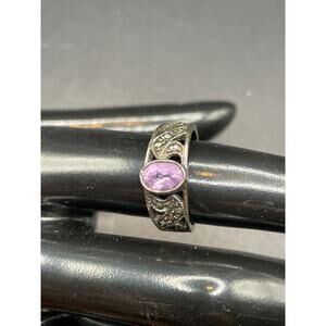 Sterling Silver 925 Purple Amethyst Marcasite Openwork Leaf Band Ring Sz 6.5